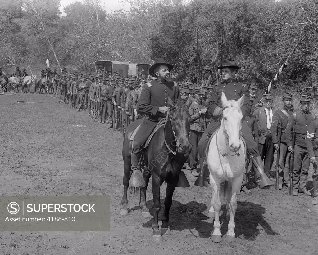 Mounted Cavalry Officers Beside Line Of Civil War Soldiers Silent Movie Still