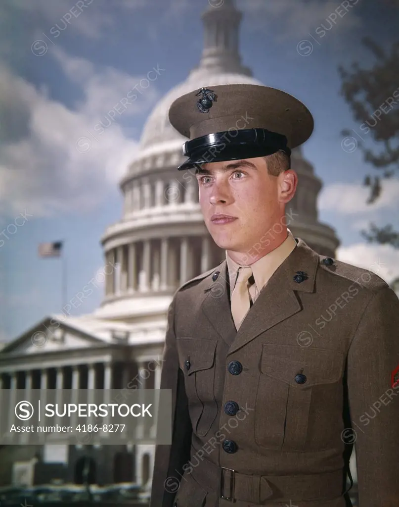1960S 1970S Young Man Us Marine Uniform Portrait Before Capitol Building In Dc American Soldier Retro Vintage