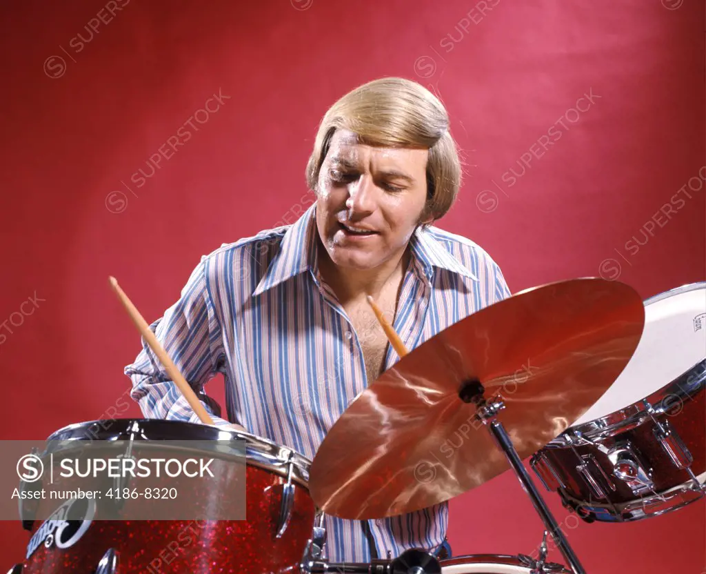 1970S Man Playing Drums Drummer Men Musician Drum Set
