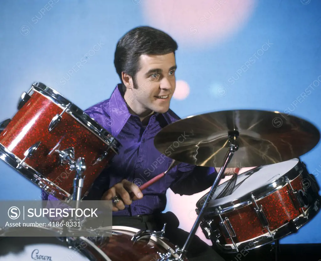 1970S Man Playing Drums Drum Sticks Drum Set Percussion