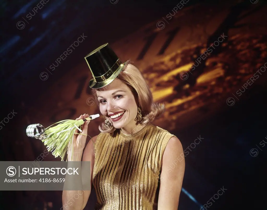 1960S Young Blond Woman Party Hat Noisemaker Horn Smiling New Year Clock Background