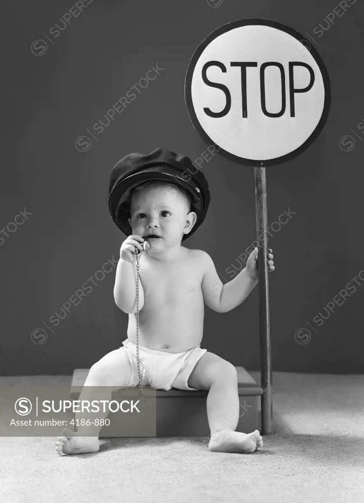 1940S Baby Boy Holding Stop Sign Traffic Whistle