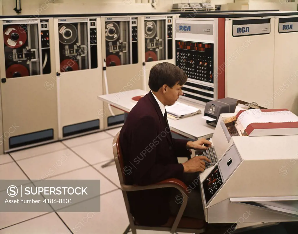 1960S 1970S Man Seated Keyboard Work Station Rca Information System Data Processing Mainframe