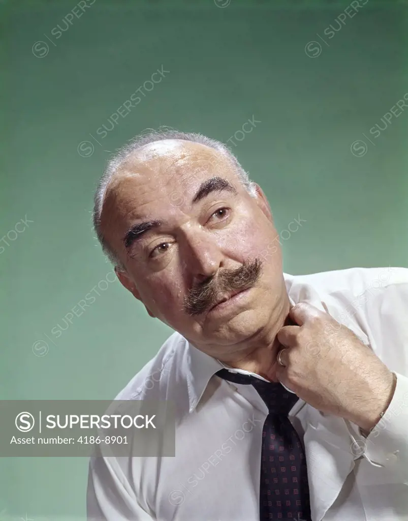 1960S Balding Elderly Man Moustache Loosening Collar Shirt Tie Warm Hot Uncomfortable