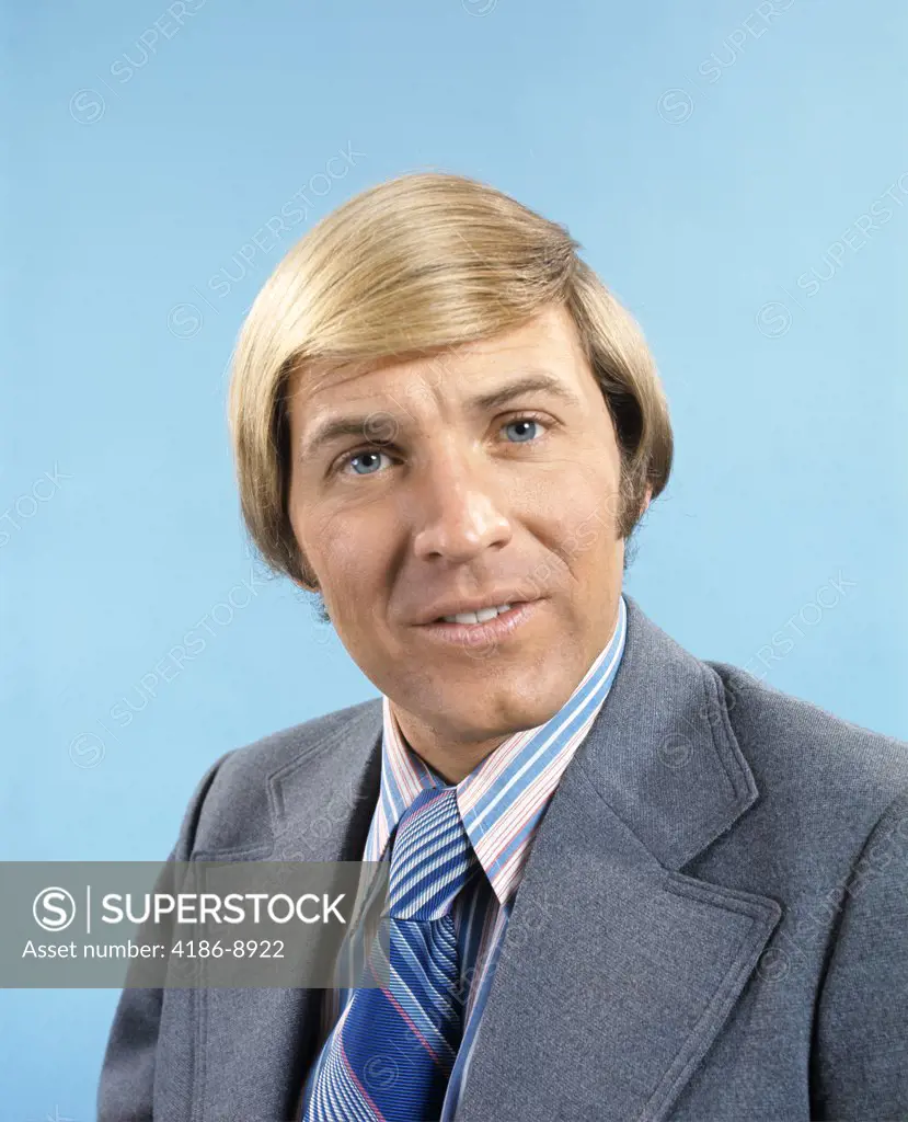 1970S Portrait Of Blond Man Wearing Grey Suit Blue Striped Tie