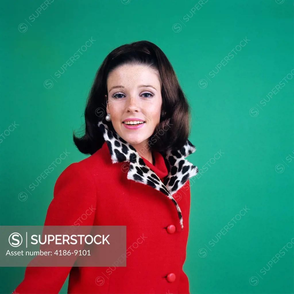 1960S Smiling Young Woman Brunette Red Coat Leopard Skin Fur Collar