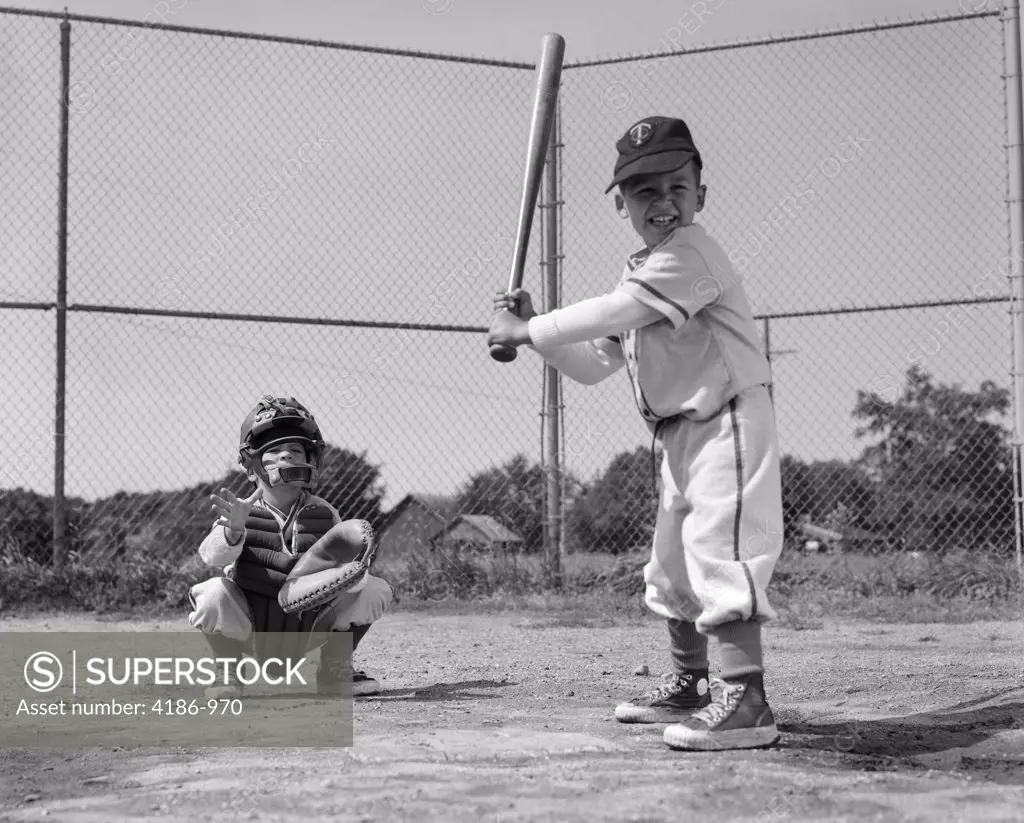 1960S Two Boys Playing Baseball Batter And Catcher At Home Plate