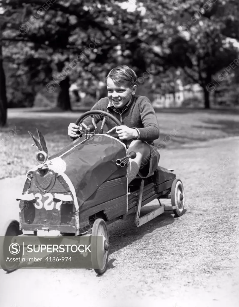 1930S Boy Driving Home Built Race Car Holding Steering Wheel