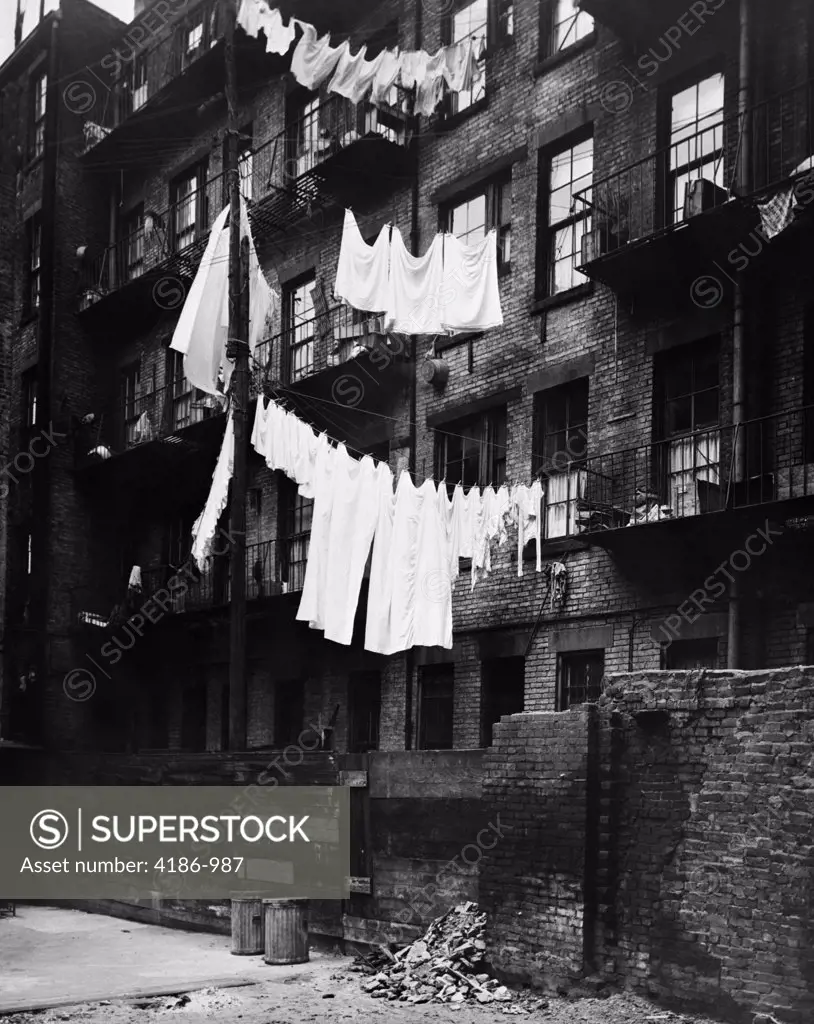 1930S Tenement Building With Laundry Hanging On Clotheslines I
