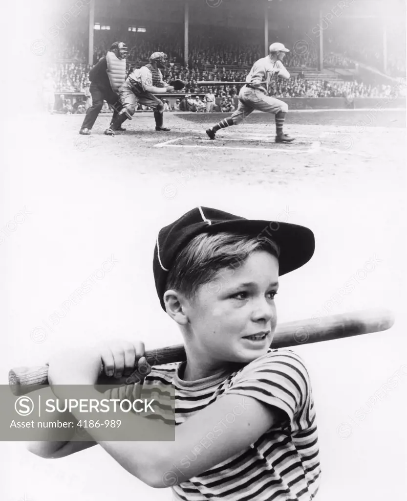 1930S Montage Of Boy At Bat With Professional Baseball Game In Progress