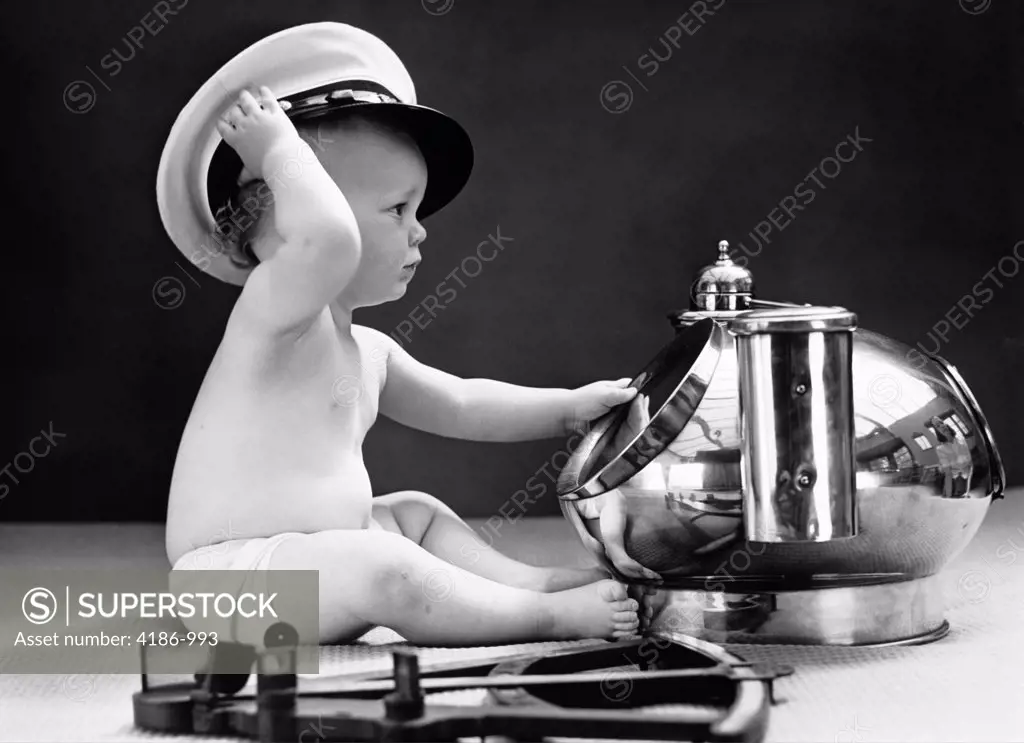 1940S Baby In Diaper With Ship Captain Hat Sextant And Nautical Compass