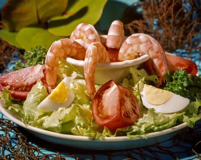 1980s SHRIMP COCKTAIL TOMATOES AND HARD BOILED EGGS