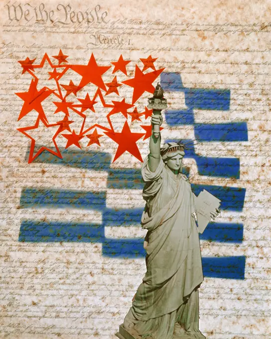 1970s COMPOSITE ILLUSTRATION STATUE OF LIBERTY AND SYMBOLIC AMERICAN FLAG SUPERIMPOSED OVER UNITED STATES CONSTITUTION