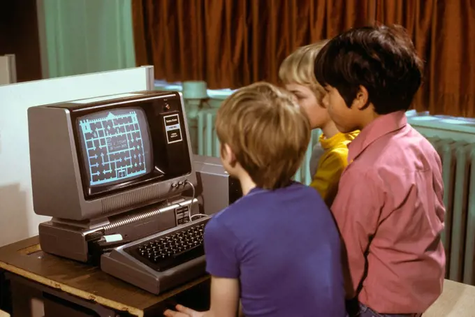 1980S 3 Elementary School Boys Operating Early Radio Shack Trs80 Computer Playing Game