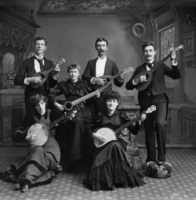 1890S Turn Of The Century Group Of Six Men & Women Strumming Various Stringed Instruments