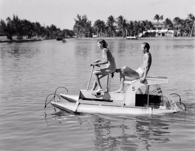 Pedal Boating Miami Beach Couple Man Woman Boat Retro 1940S