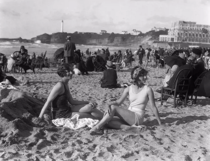 1920S Two Women Sitting On Beach Biarritz France Bay Biscay Bathing Suit
