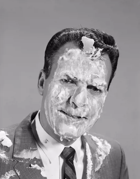 1960S Portrait Man Covered In Meringue Shaving Cream Pie In The Face Funny Angry Expression