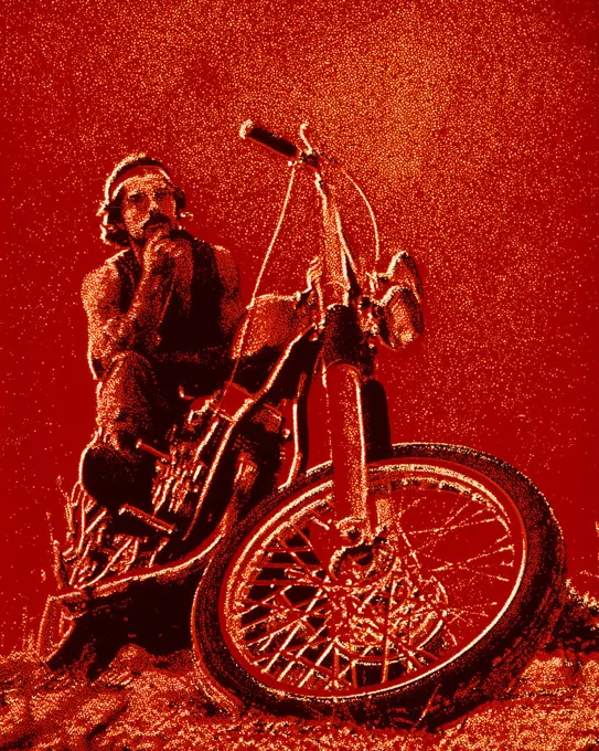 1960s 1970s HIPPIE BIKER WITH HEADBAND AND MUSCLE SHIRT SITTING ON MOTORCYCLE MAN RIDER TOUGH SOLARIZED SPECIAL EFFECT 