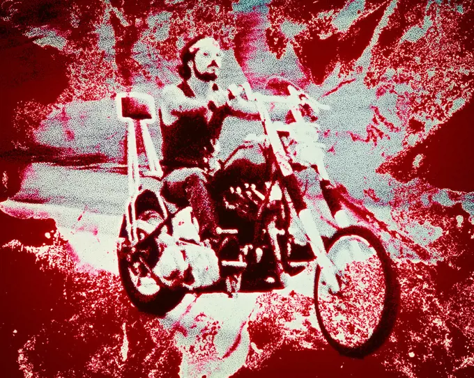 1960s 1970s MAN BIKER RIDING MOTORCYCLE SOLARIZATION GRAPHIC EFFECT AQUA BLACK RED BEARD MUSTACHE HEADBAND HARLEY CHOPPER