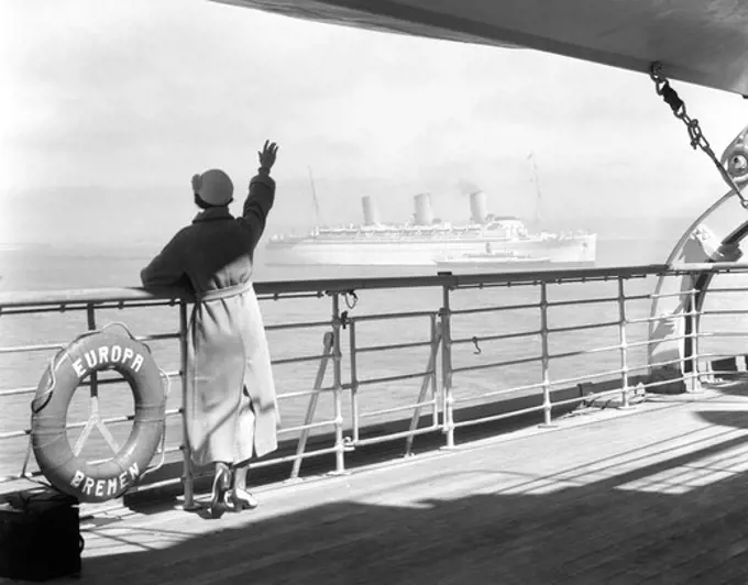 1930S Back Of Woman At Rail Of Cruise Ship Ss Europa