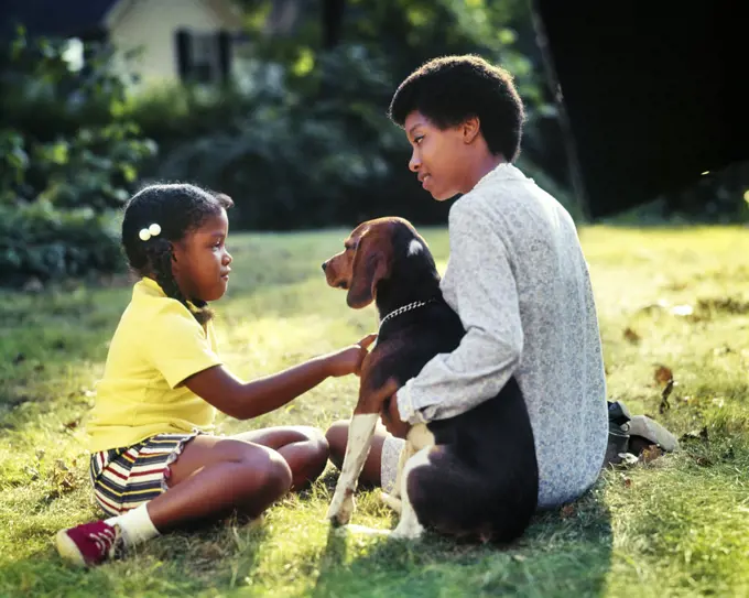 1970s 1980s SERIOUS AFRICAN-AMERICAN MOTHER TEACHING INSTRUCTING DAUGHTER ABOUT CARING FOR PET HOUND DOG WHILE SITTING IN YARD