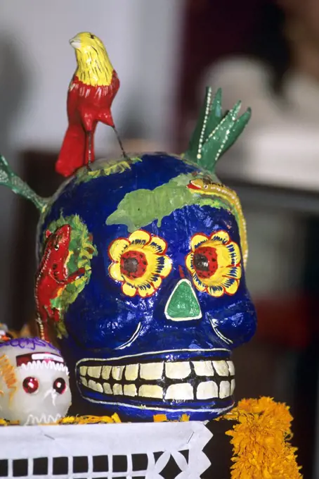 Mexico Brightly Painted Skull Decorations For Day Of The Dead