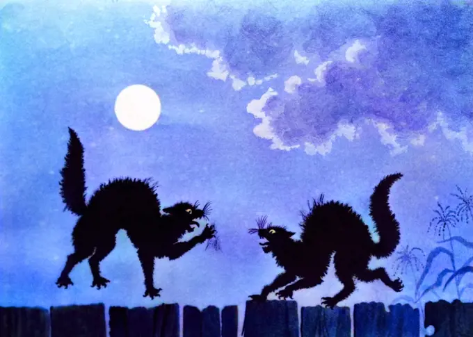 1920s 1930s ILLUSTRATION TWO NOISY LOUD SQUALLING BLACK CATS FIGHTING ON BACKYARD FENCE UNDER FULL MOON AT MIDNIGHT