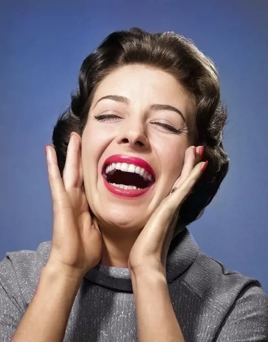 1950s 1960s HAPPY BRUNETTE WOMAN SMILING LAUGHING YELLING HANDS TO CHEEKS EYES CLOSED