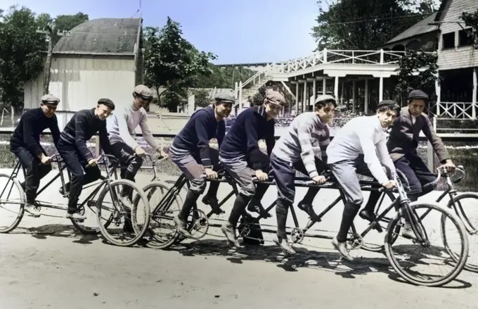 1890s 1900s TURN OF THE CENTURY LARGE GROUP OF MEN ON SINGLE TANDEM & QUAD-SEAT BICYCLES