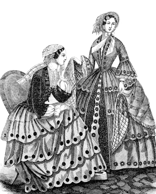 1850s ENGRAVING OF WOMEN'S FASHIONS FROM HARPER'S MAGAZINE CIRCA 1853 