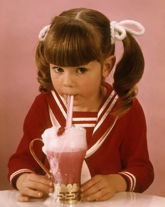 1960s 1970s BRUNETTE GIRL RED BLOUSE DRINKING PINK STRAWBERRY DRINK MILKSHAKE ICE CREAM SODA
