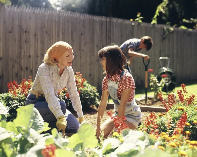 1970s MOTHER DAUGHTER AND SON GARDENING IN BACKYARD