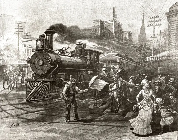 1890s 19th CENTURY TRAIN TRAVEL IN AMERICA ENGRAVING OF LOCOMOTIVE COMING DOWN STREET SCARING PEDESTRIANS AND HORSE AND CARRIAGE