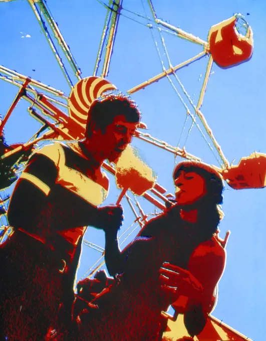 1960s 1970s POSTERIZED IMAGE OF COUPLE EATING COTTON CANDY AMUSEMENT PARK FERRIS WHEEL