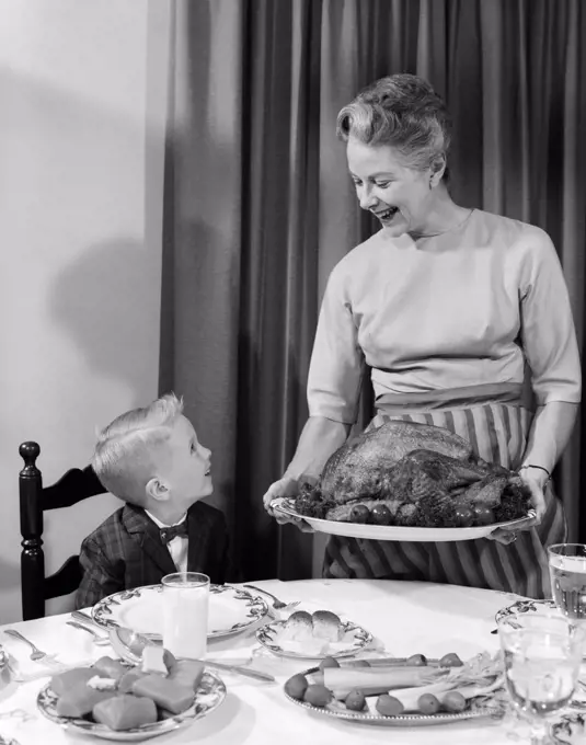1960S Grandmother Grandson Roast Turkey Thanksgiving Dinner