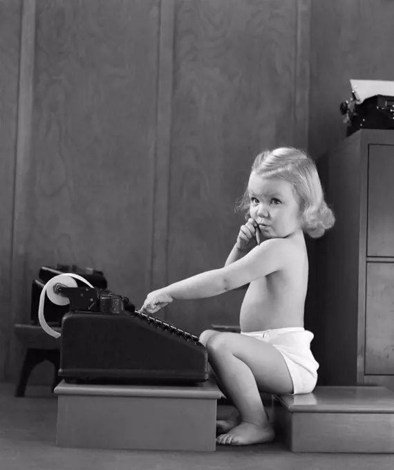 1940S Child Sitting Typing On Adding Machine Funny Facial Expression