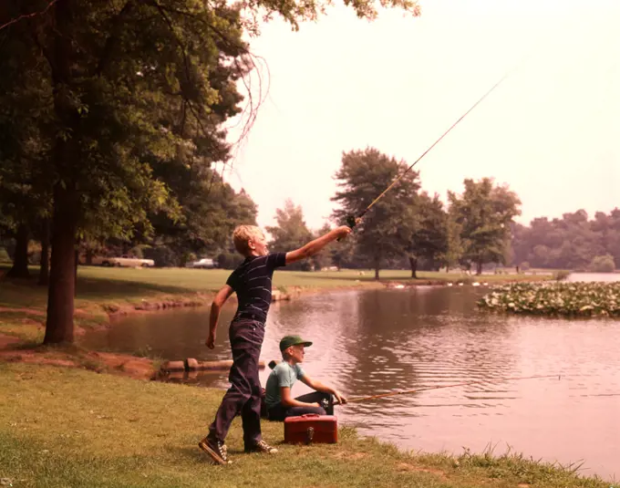 1960S 1970S Boys Fishing Casting Casting Into Pond