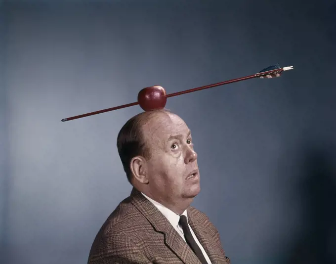 1960S Anxious Nervous Man Looking Up At Arrow In Apple Target Top His Head Symbol William Tell Humor