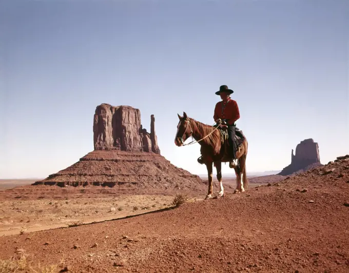 1960S Lone Indian On Horse In Monument Valley Navajo Indian Reservation Native American Desert Retro Vintage