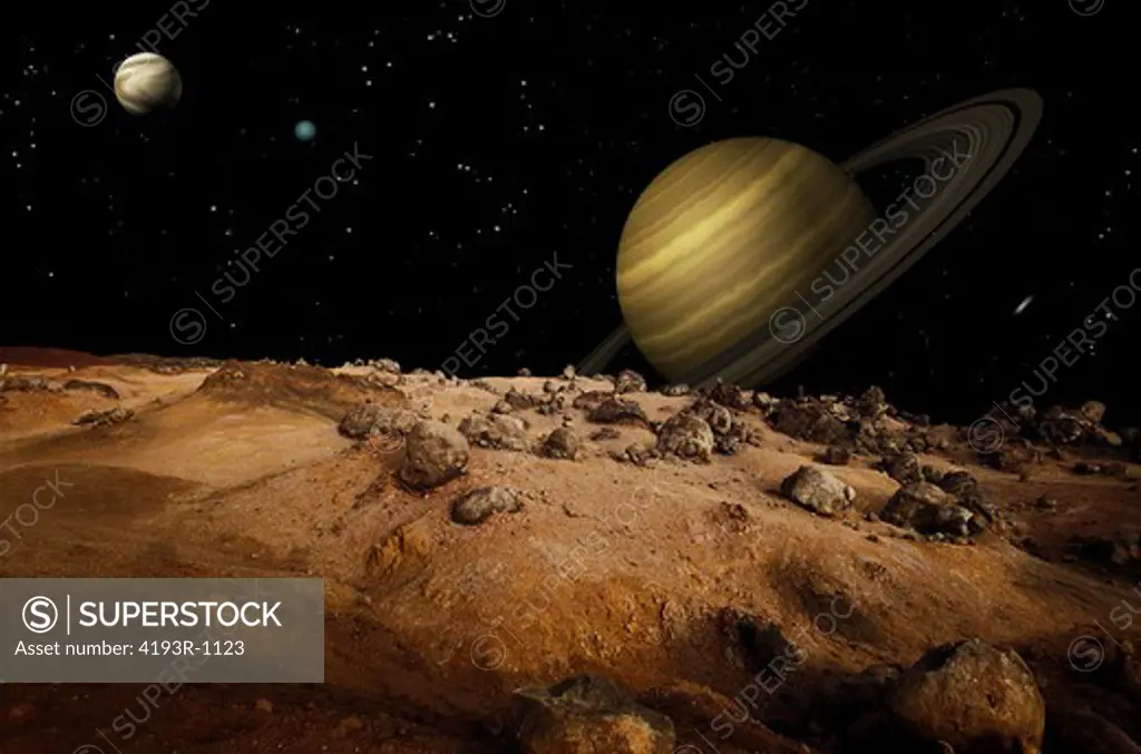 Outerspace shot from one of Saturn's moons showing Saturn in the background