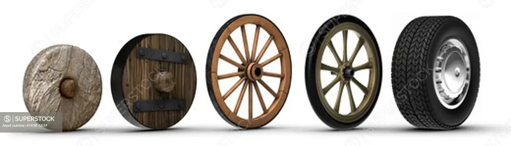 Illustration showing the evolution of the wheel starting from a stone wheel and ending with a steel belted radial tire. Shot on a white background.
