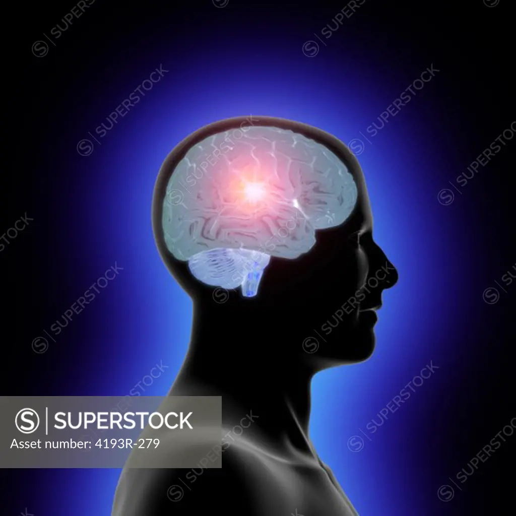 Profile of a man's head and a translucent brain with an inner glow