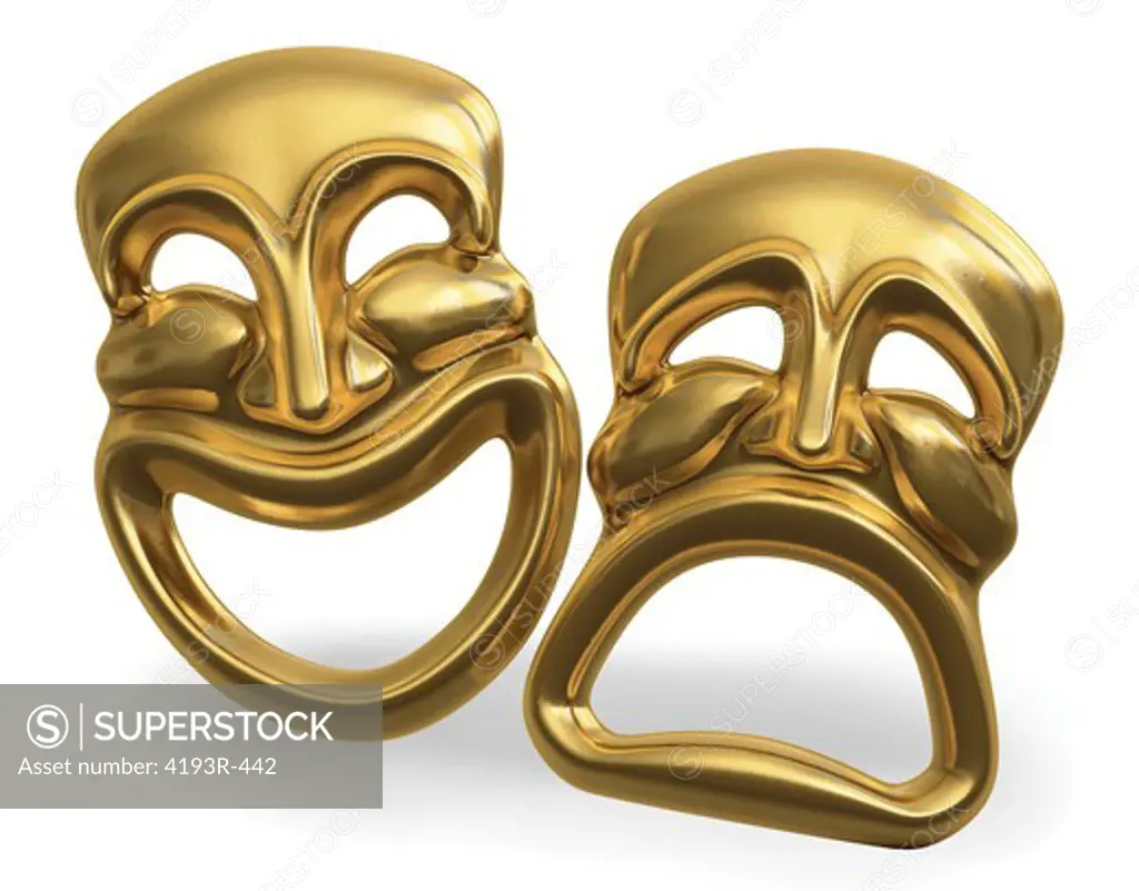 A 3d rendering of the classic comedy-tragedy theater masks isolated on white with a clipping path