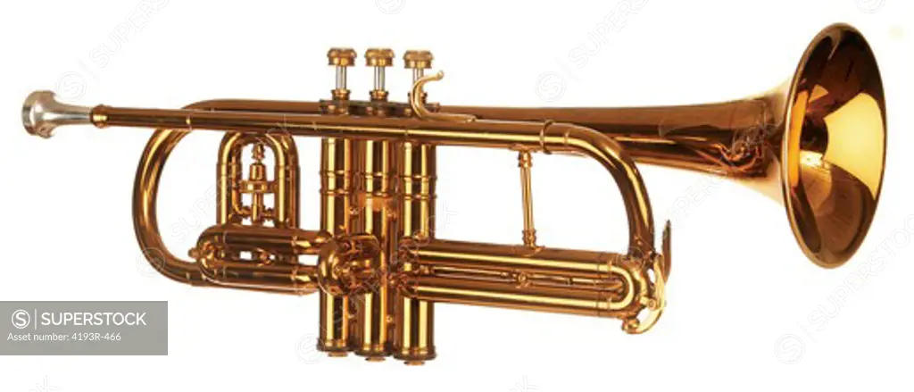 brass cornet shot at slight angle on white background