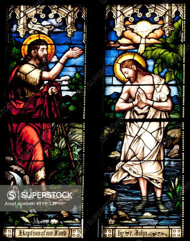 Stained glass depicting John the Baptist and Jesus