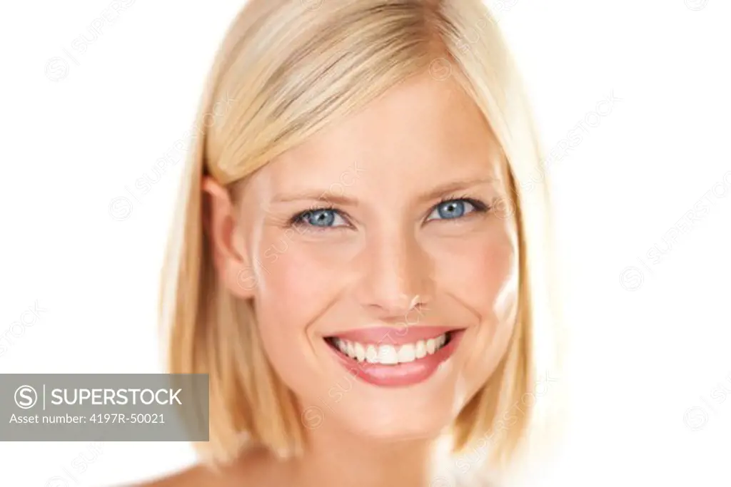 Spotless young blond woman smiles at you - Isolated on white