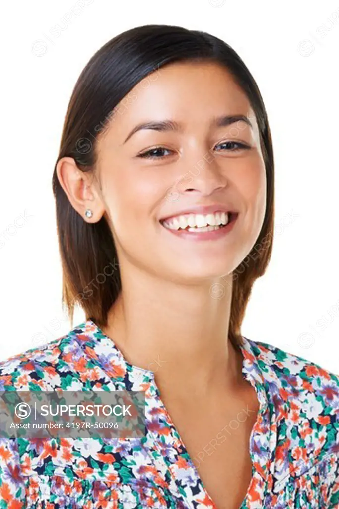 Closeup of a pretty young asian woman having a good laugh isolated on white background
