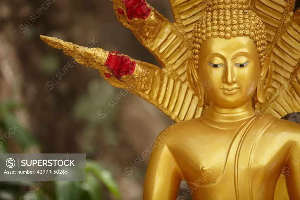 Closeup of a golden Buddha statue in a garden - copyspace