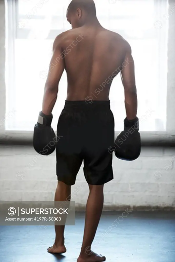 Muscular young man standing in front of a window sporting boxing gloves